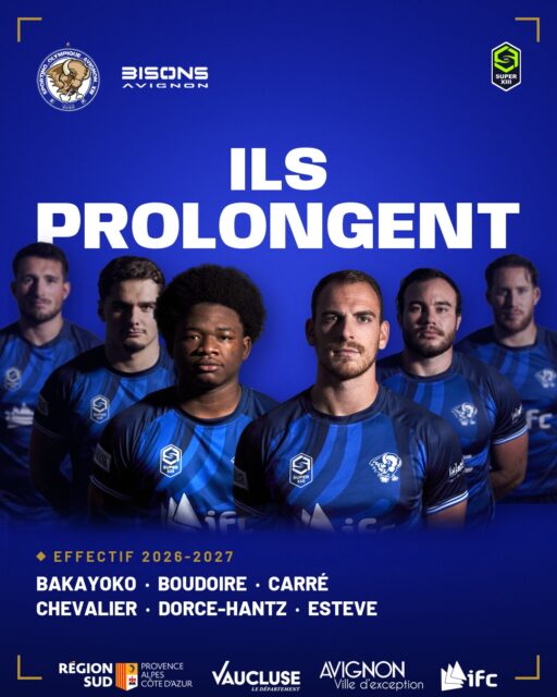 ILS RESTENT au Parc. Isaak Bakayoko, Alexi Boudoire, Louis Carré, Paul-Meryl Chevalier, François Dorce-Hantz et Valentin Esteve prolongent avec les Bisons Avignon pour la saison 2026-2027.

Six autres noms arrivent demain.

Premier match à domicile : samedi 31 octobre, 18 h, contre Saint-Gaudens au Parc des Sports.

@superxiii_rugbyleague

Avec le soutien de la Région Sud, du Département de Vaucluse, de la Ville d'Avignon et de l'IFC.

#SuperXIII #BisonsAvignon #RugbyAXIII #RugbyLeague #Avignon #Vaucluse