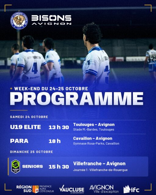 𝗟𝗲 𝗦𝘂𝗽𝗲𝗿 𝗫𝗜𝗜𝗜 𝗿𝗲𝗽𝗿𝗲𝗻𝗱 𝗱𝗶𝗺𝗮𝗻𝗰𝗵𝗲.

Trois équipes sur la route ce week-end, et nos seniors ouvrent leur saison en Aveyron.

Samedi · U19 Elite · Toulouges – Avignon, 13 h 30, stade M-Bardes
Samedi · Para · Cavaillon – Avignon, 18 h, gymnase Rosa-Parks
Dimanche · Super XIII, journée 1 · Villefranche – Avignon, 15 h 30

Envoyez leur de la force en commentaire avant le départ.

𝗚𝗼 𝗕𝗶𝘀𝗼𝗻𝘀 𝗚𝗼 💙🤍

Premier match à domicile : samedi 31 octobre, 18 h, contre Saint-Gaudens au Parc des Sports.

@superxiii_rugbyleague

Avec le soutien de la Région Sud, du Département de Vaucluse, de la Ville d'Avignon et de l'IFC.

#SuperXIII #BisonsAvignon #RugbyAXIII #RugbyLeague #Avignon #Vaucluse