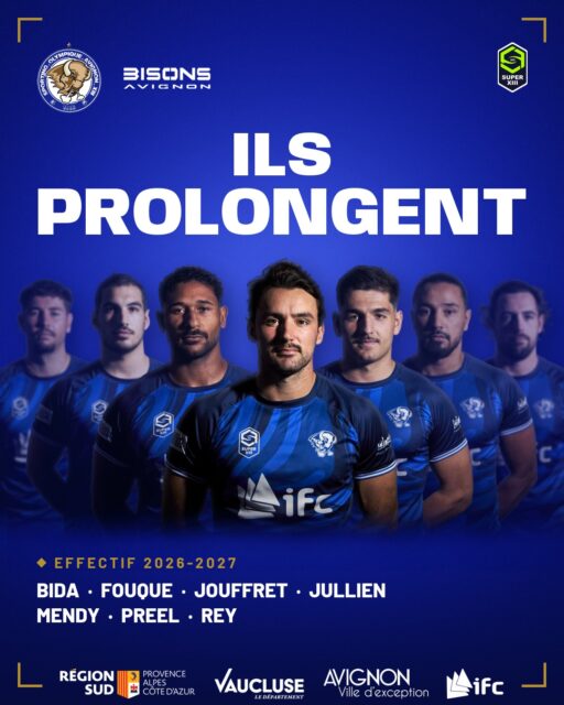 𝗜𝗟𝗦 𝗣𝗥𝗢𝗟𝗢𝗡𝗚𝗘𝗡𝗧.

Sept joueurs repartent pour une saison de plus en bleu. Le 31 octobre, ils retrouvent le Parc avec vous.

Mouadh Bida · Théo Fouque · Louis Jouffret · Fabien Jullien · Saloty Mendy · Samuel Preel · Corentin Rey

Dites-leur en commentaire ce que vous attendez d'eux cette saison. Et l'effectif n'a pas fini de se dévoiler : d'autres annonces arrivent.

Go Bisons Go 💙🤍

Premier match à domicile : samedi 31 octobre, 18 h, contre Saint-Gaudens au Parc des Sports. 

@superxiii_rugbyleague

Avec le soutien de la Région Sud, du Département de Vaucluse, de la Ville d'Avignon et de l'IFC.

#SuperXIII #BisonsAvignon #RugbyAXIII #RugbyLeague #Avignon #Vaucluse