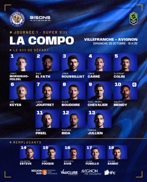 𝗟𝗮 𝗰𝗼𝗺𝗽𝗼 🔥

Ils jouent à 15 h 30 à Villefranche le premier match de la saison de Super XIII.

Pour huit d’entre eux, c’est aussi le premier sous le maillot des Bisons : Jonti, Riad, Joris, Clément, Joe, Baptiste, Lilian et Mathis. 
Saloty Mendy portera le brassard.

Laissez-leur un message en commentaire avant le coup d’envoi.

𝗚𝗼 𝗕𝗶𝘀𝗼𝗻𝘀 𝗚𝗼 💙🤍

Le lien pour voir le match en direct est en story. 
Prochain rendez-vous : samedi 31 octobre, 18 h, contre Saint-Gaudens au Parc des Sports. 

@superxiii_rugbyleague @ffrxiii

Avec le soutien de la Région Sud, du Département de Vaucluse, de la Ville d’Avignon et de l’IFC.

#SuperXIII #BisonsAvignon #RugbyAXIII #RugbyLeague #Avignon