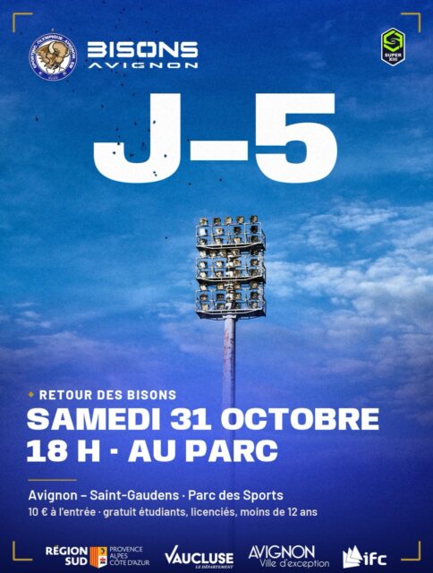 J-5 : retour des Bisons au Parc des des sports !

Le 31 octobre à 18h, retrouvez les bisons contre l’équipe de Saint-Gaudens pour la deuxième journée de Super XIII 🏉

Après leur victoire héroïque lors de la première journée, les joueurs ont hâte de confirmer à domicile 💙🤍

Nos U19 Élite ouvreront le bal à 16h15 💪🏼
Venez les encourager au parc des sports ! 🔥

#avignon #france #rugby #rugbyleague #rugbyxiii