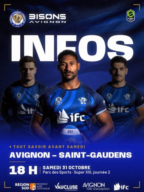 𝗧𝗼𝘂𝘁 𝘀𝗮𝘃𝗼𝗶𝗿 𝗮𝘃𝗮𝗻𝘁 𝘀𝗮𝗺𝗲𝗱𝗶. 💙

Ce samedi, on retrouve le Parc des Sports pour la deuxième journée de Super XIII ! Les Bisons reçoivent le Racing Club Saint-Gaudens. Et on compte sur vous pour faire du bruit dans les tribunes.

📅 Samedi 31 octobre – Parc des Sports d’Avignon

🏉 Le programme :
• 15 h 45 : ouverture des portes
• 16 h 15 : Avignon – Saint-Gaudens (U19 Élite)
• 18 h : coup d’envoi des seniors

Un seul billet pour profiter des deux rencontres !

🎟️ Tarifs :
• 10 € au guichet (carte bancaire ou espèces)
• Gratuit pour les étudiants (sur présentation de la carte étudiante), les licenciés et les moins de 12 ans.

Pas de billetterie en ligne : les billets seront à prendre directement sur place.

📍 Comment nous rejoindre ?

L’entrée du public se fait avenue Pierre-Sémard. Attention, votre GPS peut vous conduire de l’autre côté du stade !

Sur la slide 4, retrouvez le bon portail, le parc relais Saint-Chamand et l’arrêt de tram T1. L’itinéraire détaillé est également disponible sur soa13.fr, rubrique « Venir au Parc ».

🍔 Et pour se restaurer ?

Des food-trucks seront installés devant la buvette. Entre les deux matchs ou après le coup de sifflet final, rien ne vous oblige à rentrer tout de suite !

On se retrouve samedi au Parc ? Venez en famille, entre amis, avec vos couleurs et votre voix. Les joueurs auront besoin de vous ! 💙🤍

Enregistrez ce post et partagez-le avec ceux qui vous accompagneront !

@superxiii_rugbyleague @racingclubsaintgaudens

Avec le soutien de la Région Sud, du Département de Vaucluse, de la Ville d’Avignon et de l’IFC.

#SuperXIII #BisonsAvignon #RugbyAXIII #RugbyLeague #Avignon